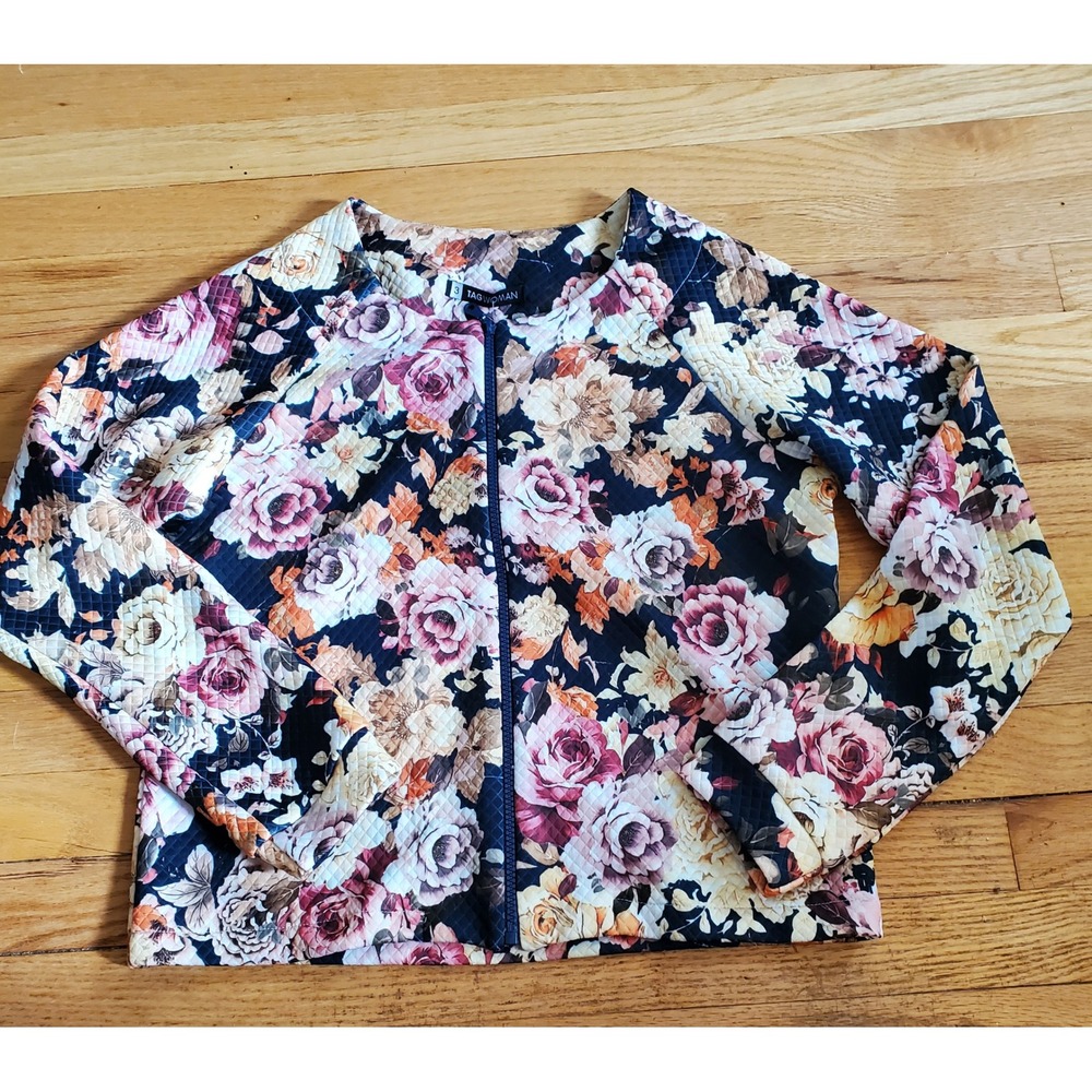 Tagwoman Floral Quilted Bomber Jacket Black Pink Rose Full Zip Size L NWT